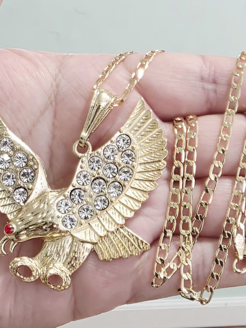 Gold Eagle Pendant Necklace with Clear Crystal Accents - Men Accessories Jewelry